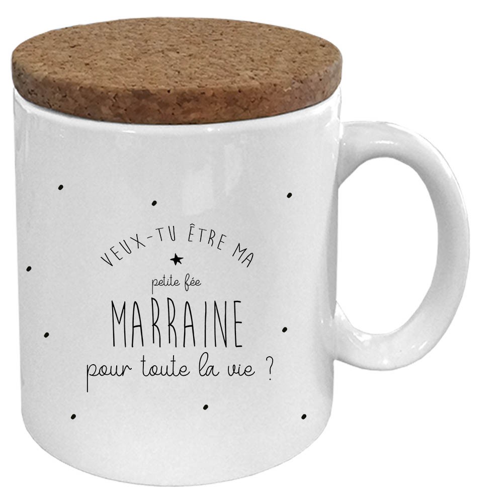Mug avec son couvercle en liège  " Veux-tu être ma marraine"