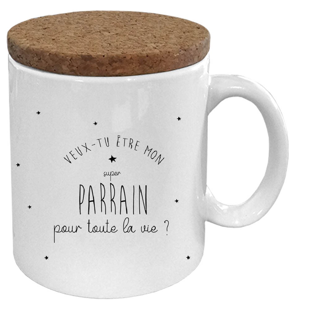 Mug avec son couvercle en liège  " Veux-tu être mon parrain"