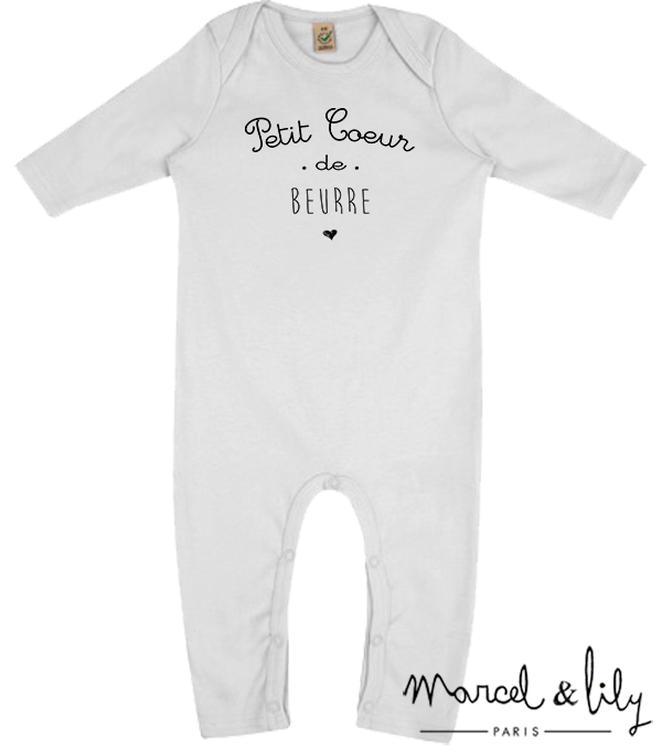 Grenouillère blanche bio + pochon tissu "Petit coeur de beurre"