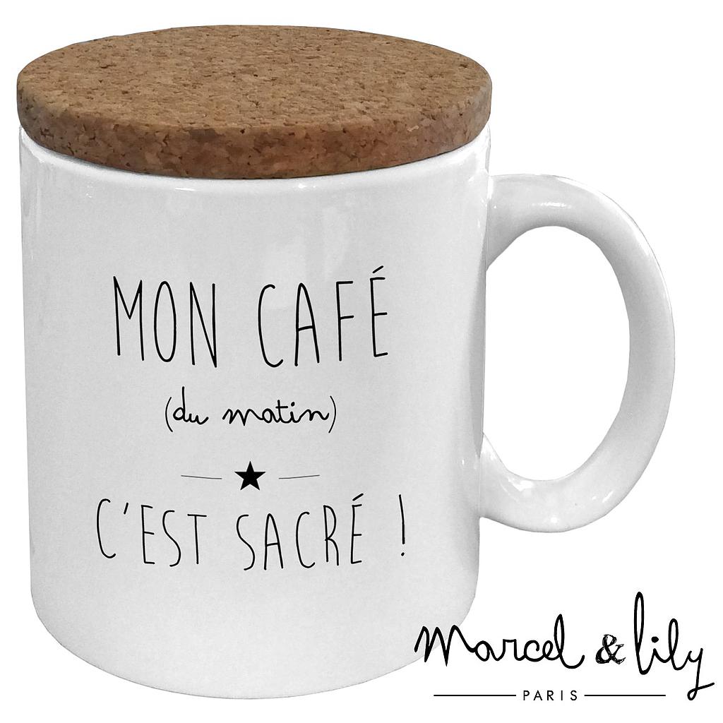 Mug avec son couvercle en liège "Mon café c'est sacré"