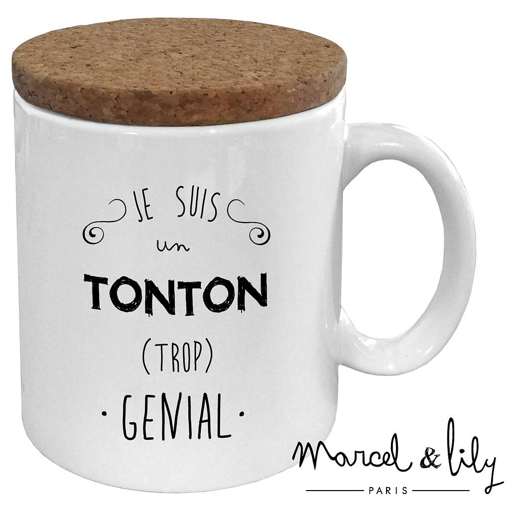 Mug avec son couvercle en liège  "Je suis un Tonton trop génial"
