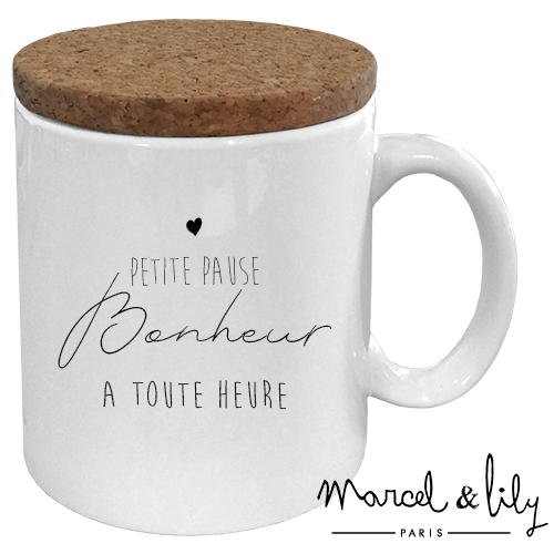 Mug avec son couvercle en liège  "Petite pause bonheur à toute heure "