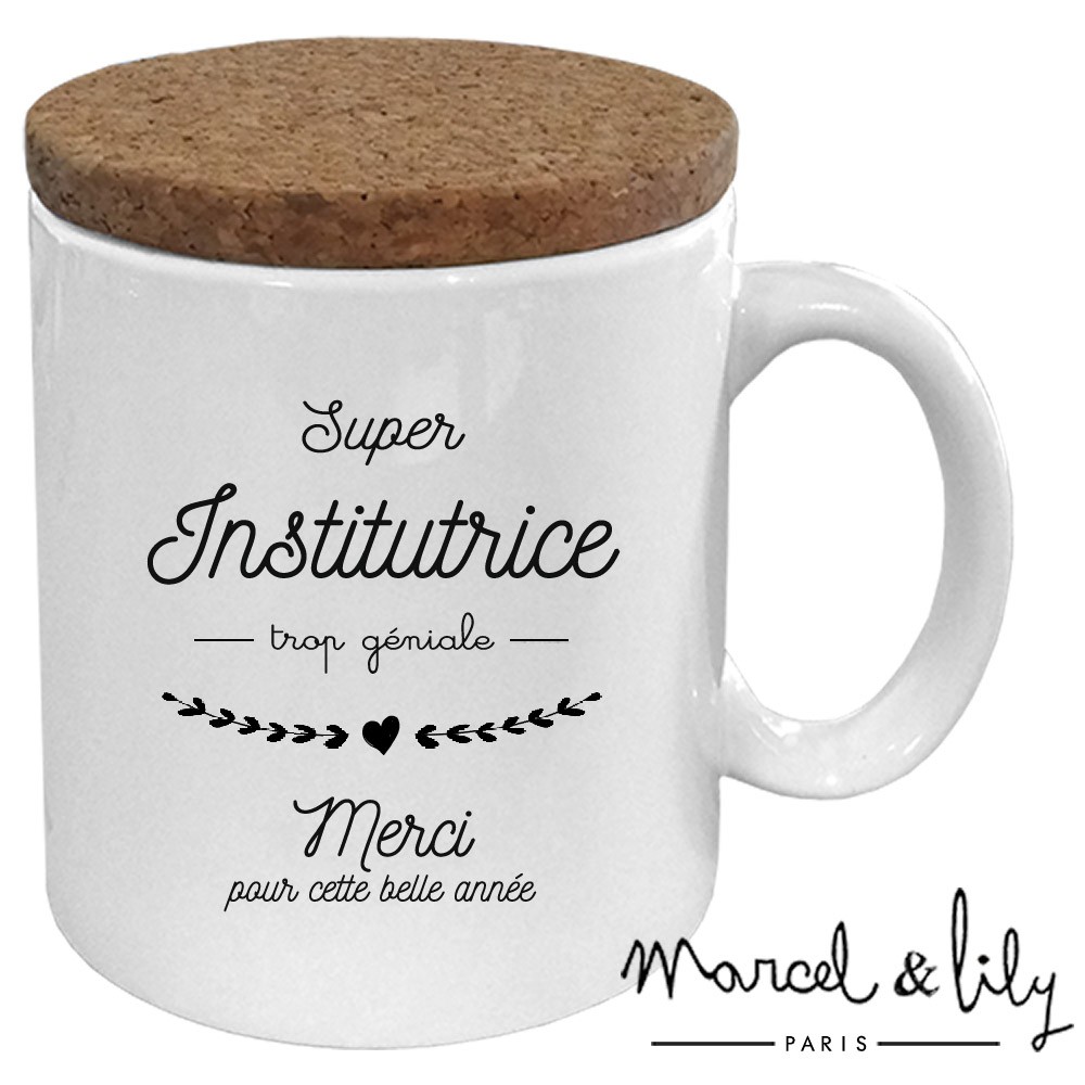 Mug avec son couvercle en liège  "Super institutrice trop géniale"
