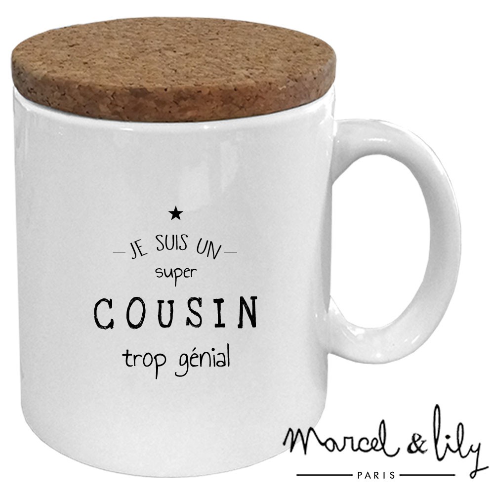 Mug avec son couvercle en liège  "Je suis un Cousin trop génial"