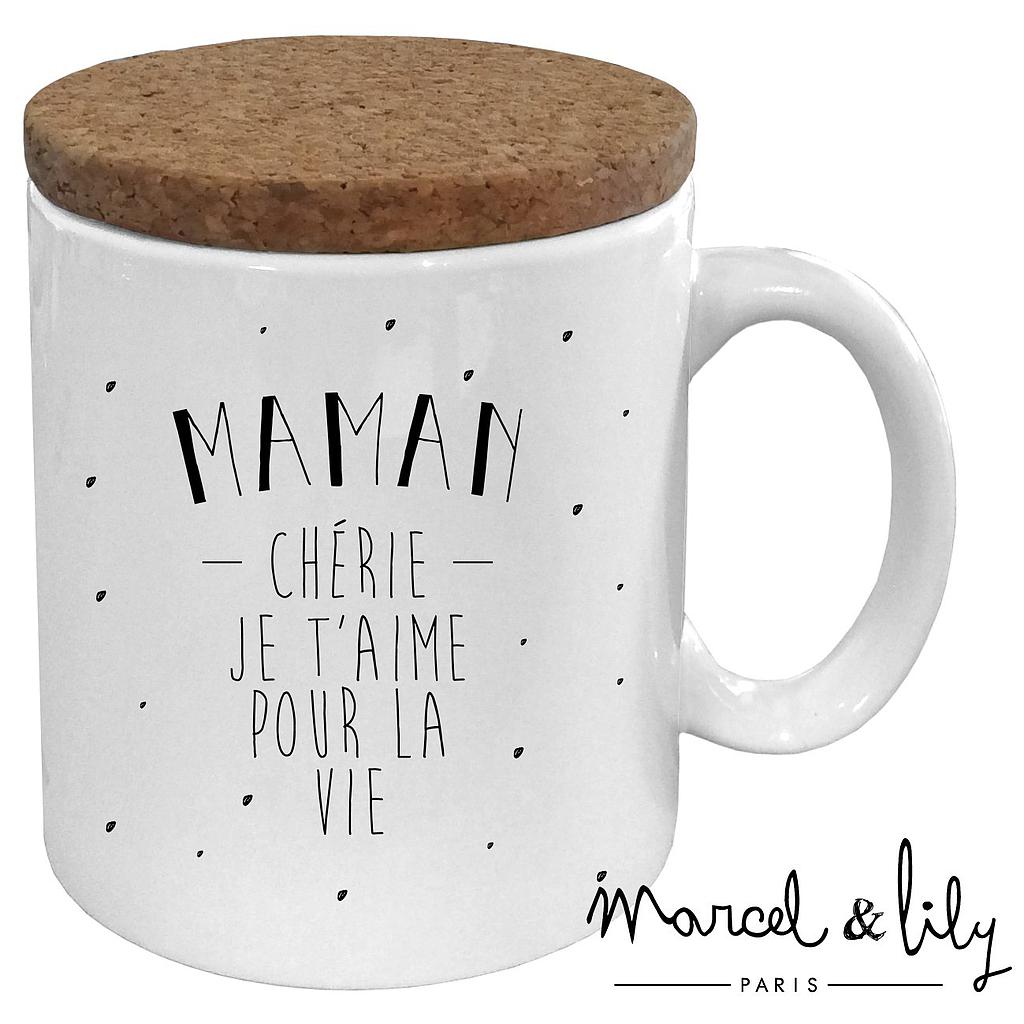 Mug avec son couvercle en liège "Maman Chérie je t'aime pour la vie"