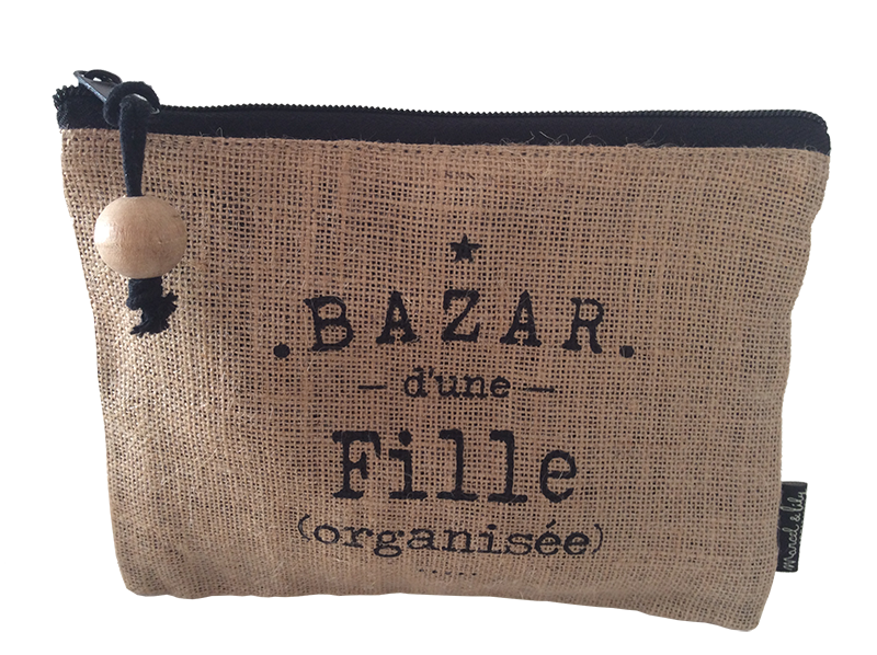 Trousse en jute "Bazar d'une fille organisée"
