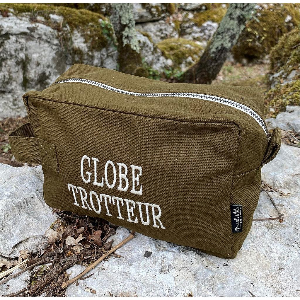 Trousse de toilette  kaki - brodée " Globe Trotteur "