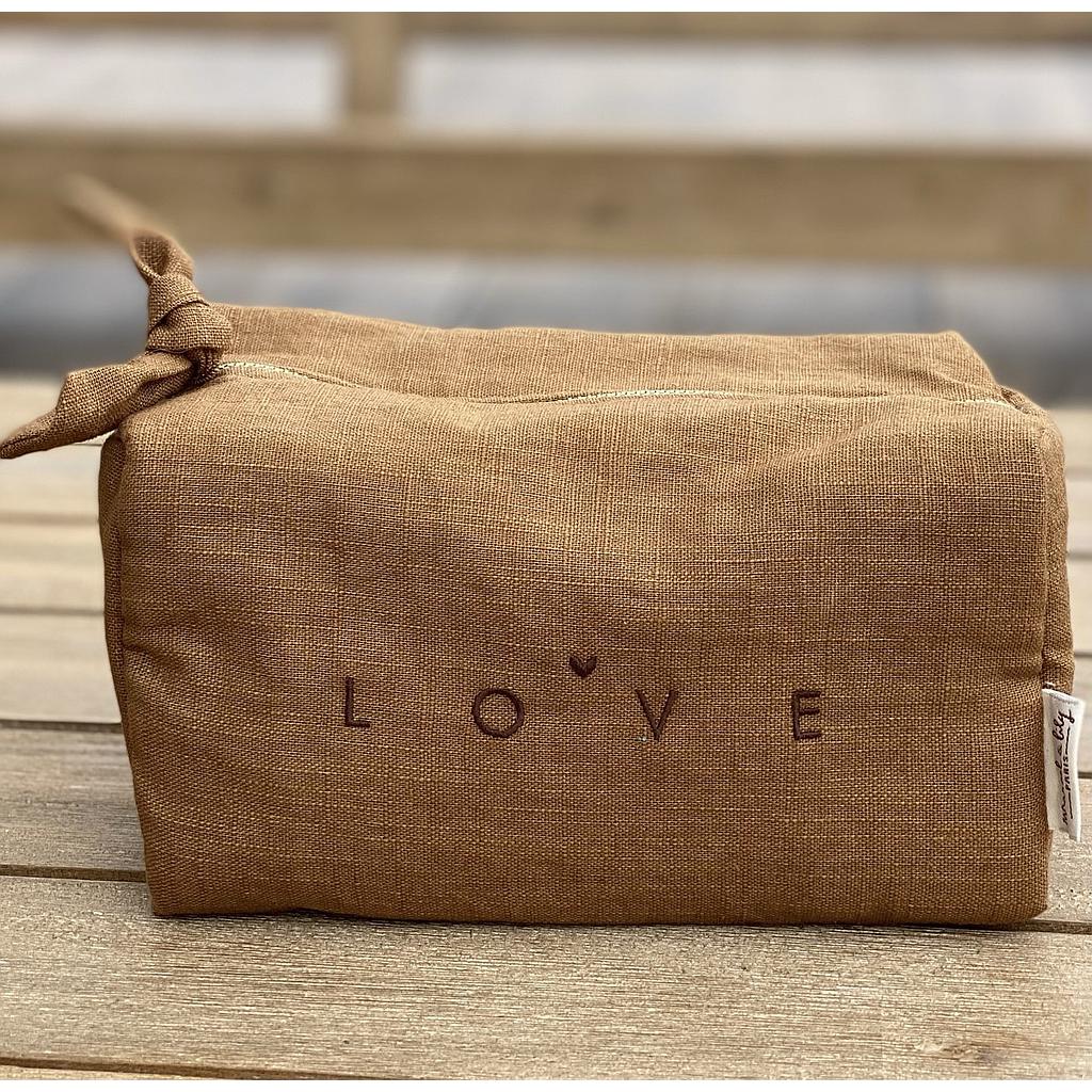 Trousse lin brodée " LOVE " ocre