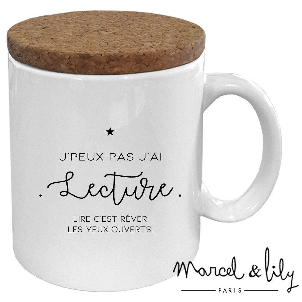 Mug avec son couvercle en liège  "J'peux pas j'ai lecture"