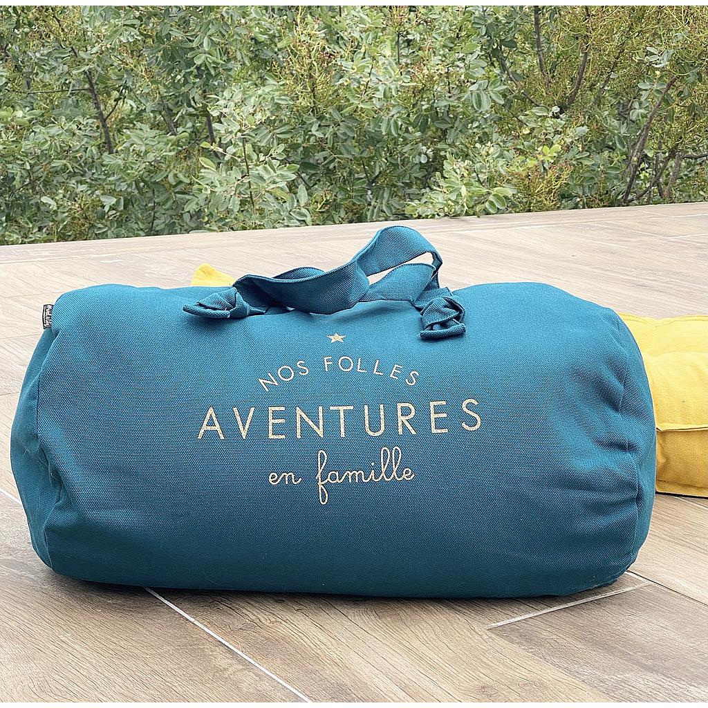 Sac Polochon- bleu paon- Nos folles aventures en famille