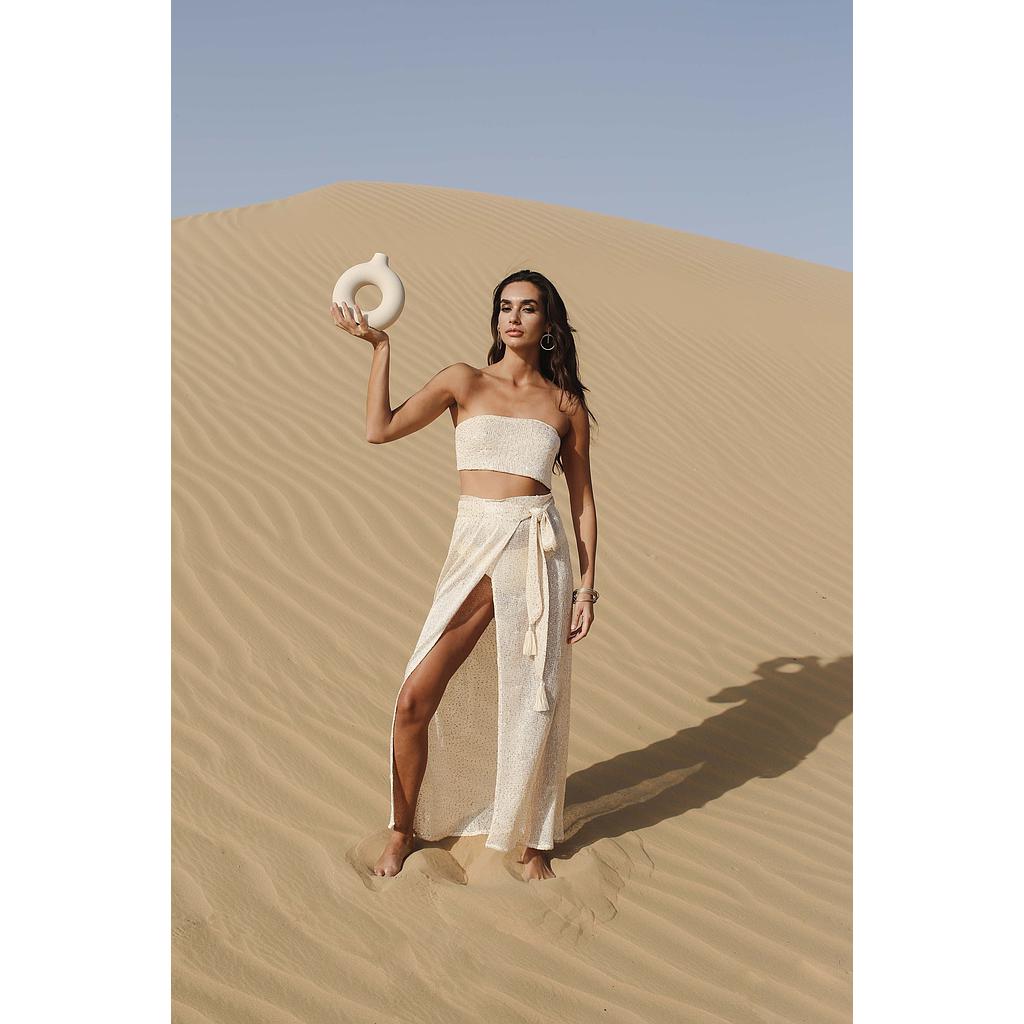 Set bandeau &amp; jupe en maille pailletée beige Mya