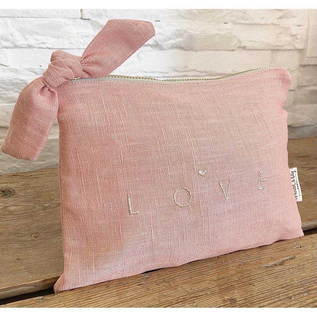 Pochette  en lin - vieux rose "Love"