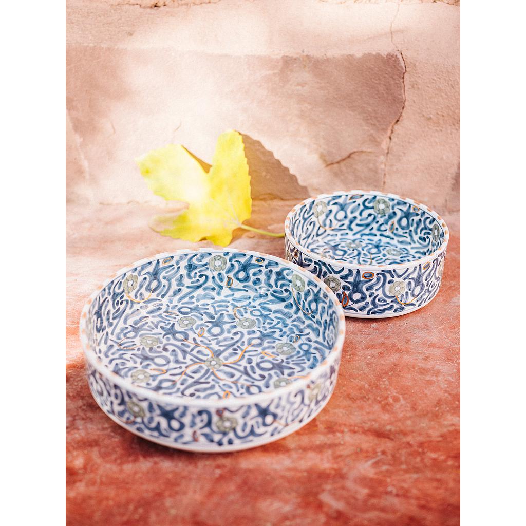 Bol, saladier et plat droits Fleurs bleu stone gold