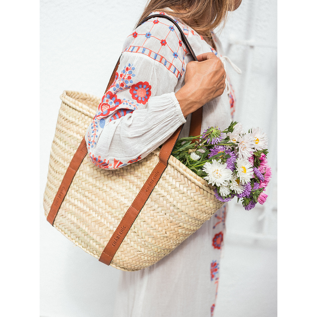 Panier palmier et cuir anses logo cognac