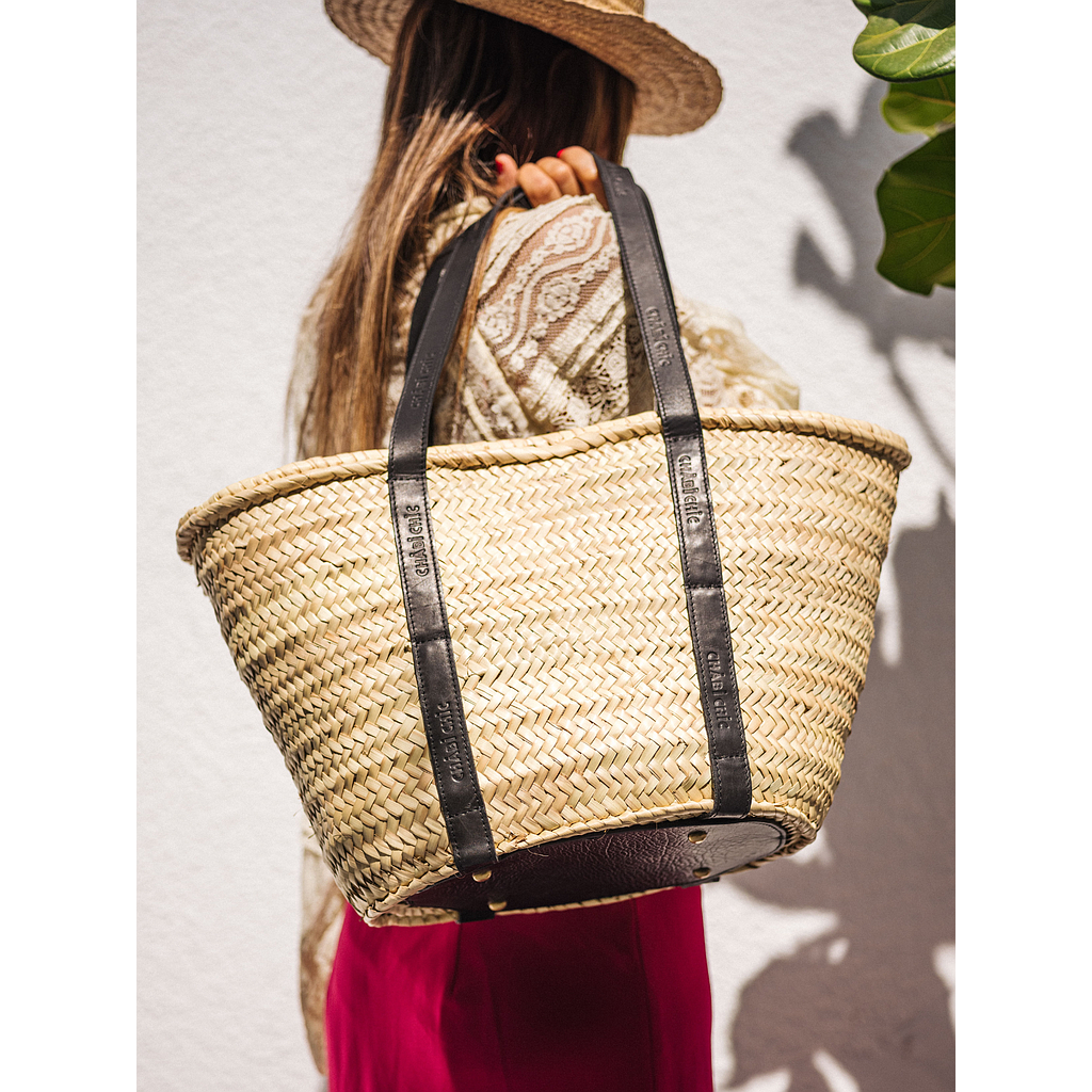 Panier palmier et cuir anses logo noir