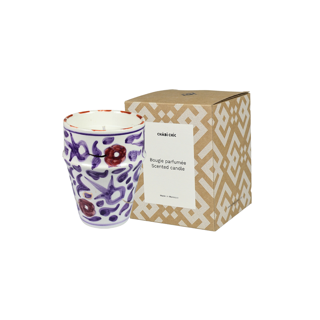 Bougie moyenne tasse beldi fleurs lilas parfumée oriental