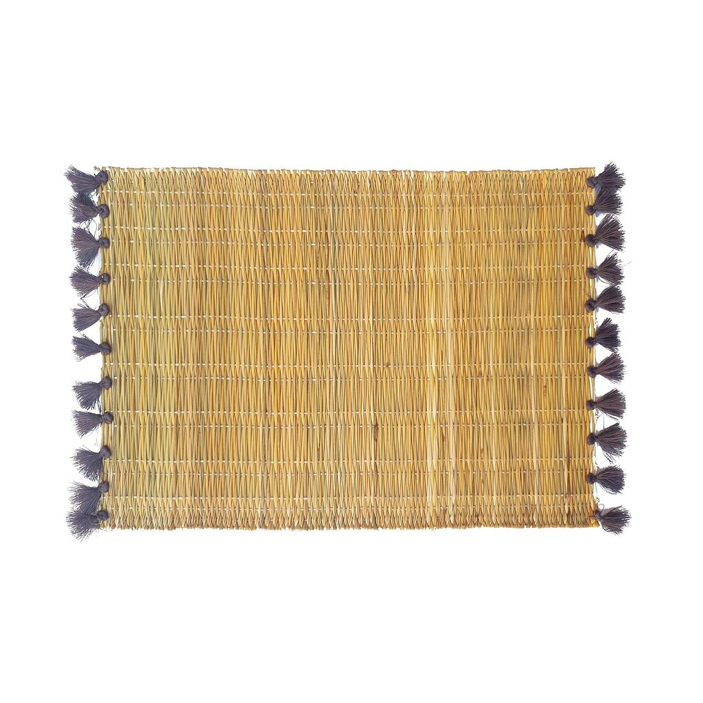 2 SETS DE TABLE EN PAILLE POMPONS GRIS FONCE