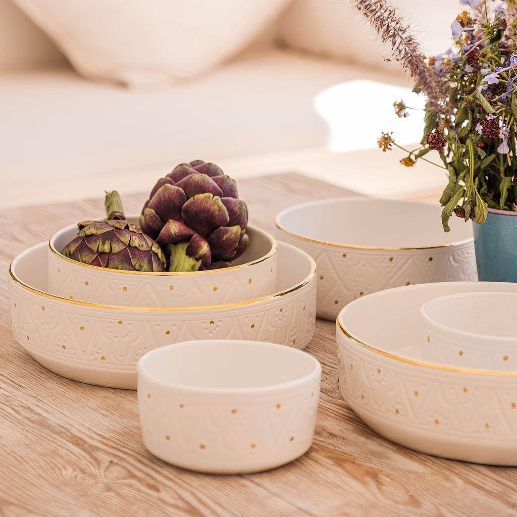 Bols, saladier et plat droits Empreinte blanc gold