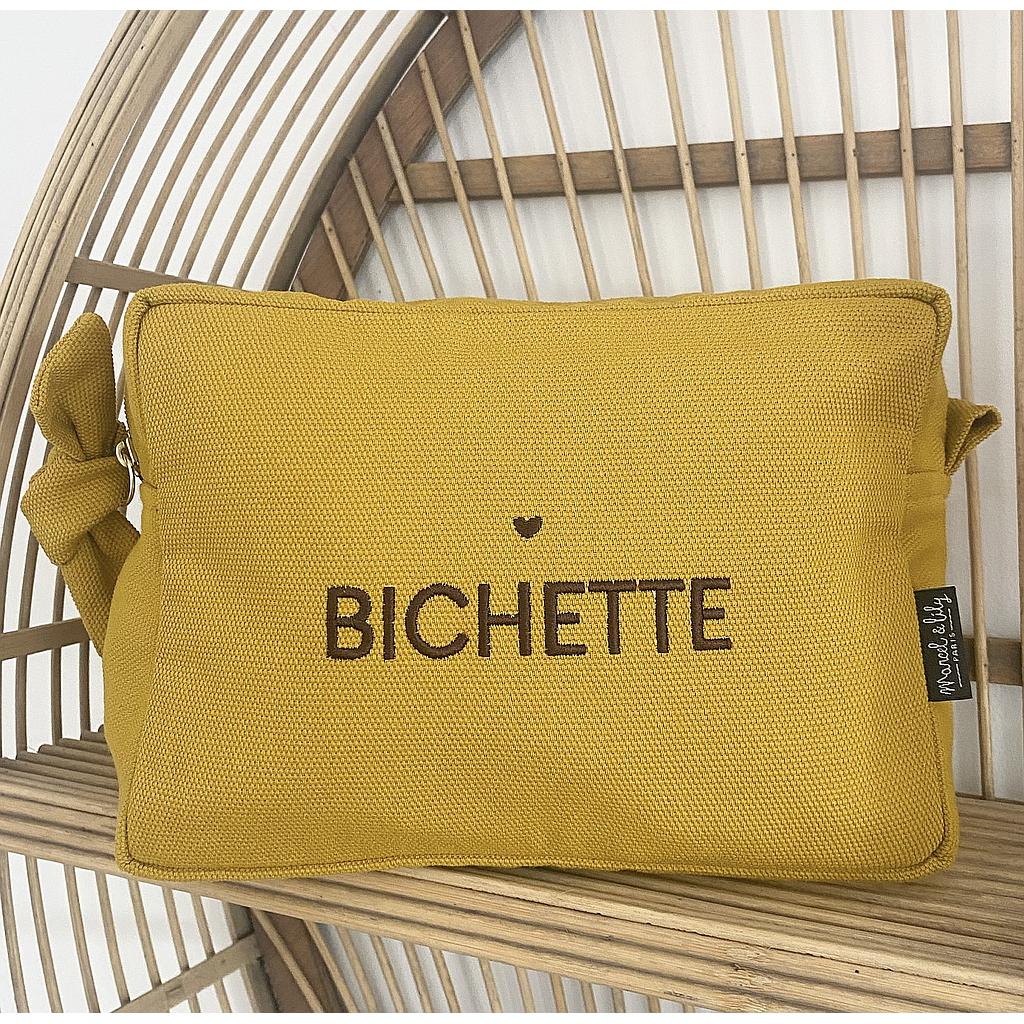 Grande Trousse de toilette brodée "Bichette" Moutarde
