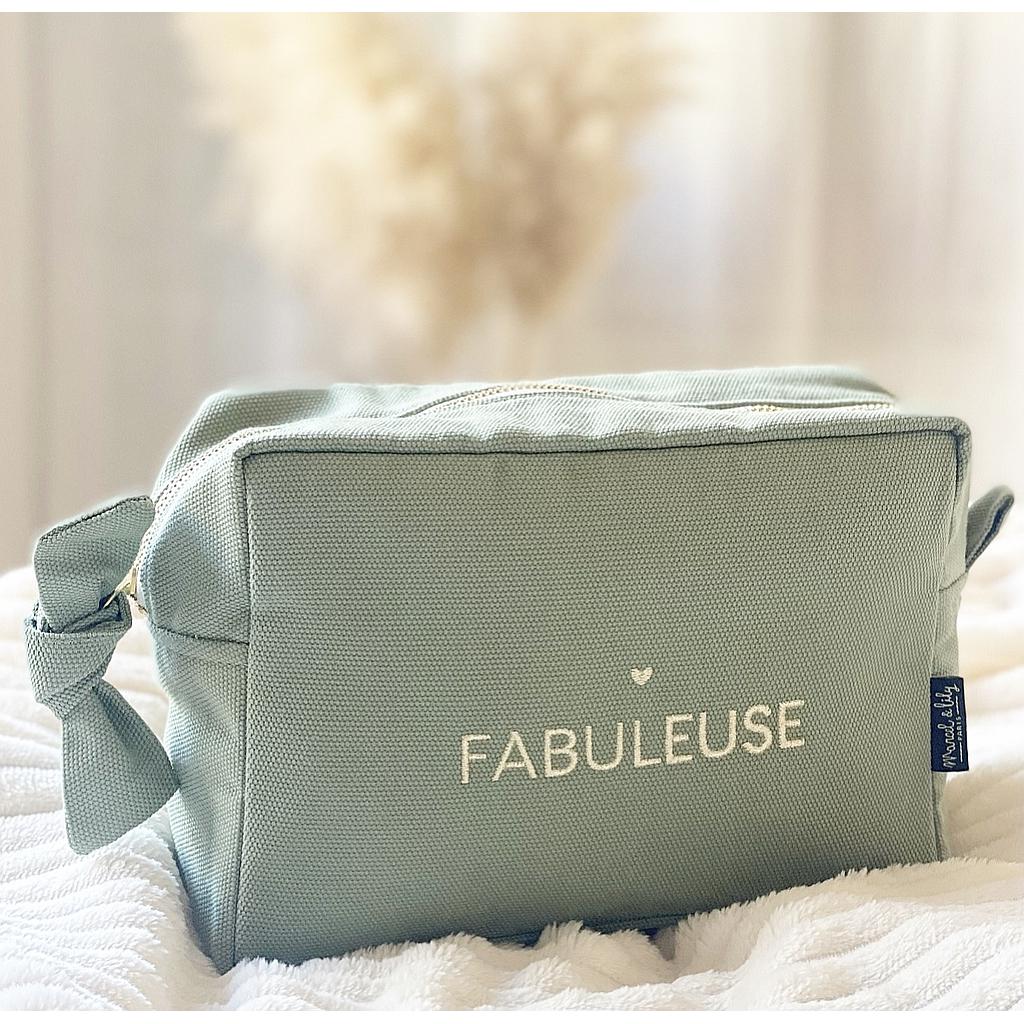 Grande Trousse de toilette brodée "Fabuleuse" Sauge