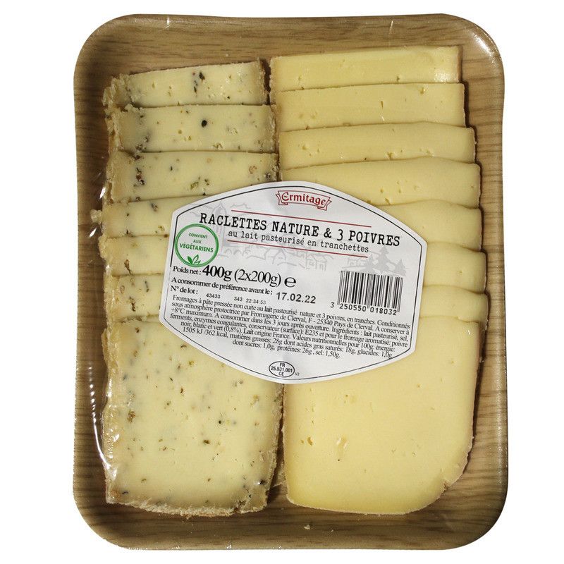 Fromage Raclette tranchée Duo nature et 3 poivres 2x200g